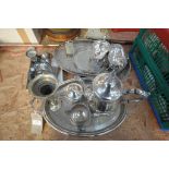 A Qty of plated ware, 3 piece tea set and 2 handled tray, sauce boats, napkin rings, etc.