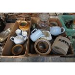 Stoneware storage jars, glass storage jar, Ridgway tea wares, old bottles , etc.