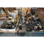 3 Boxes of sundry metal ware, brass and copper ornaments, marmalade cutter, 2 bronzed figures, etc.