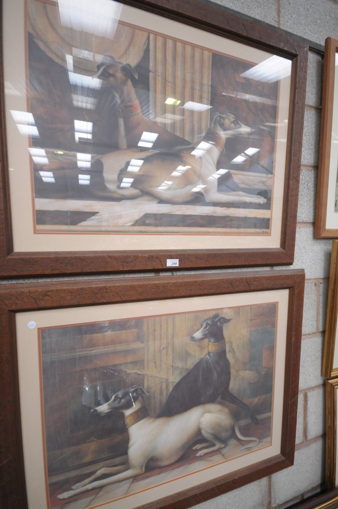 A Pair of prints , greyhound studies within rustic oak frames.