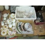 3 Boxes of decorative ceramics including tea wares, Chelsea China floral pattern,