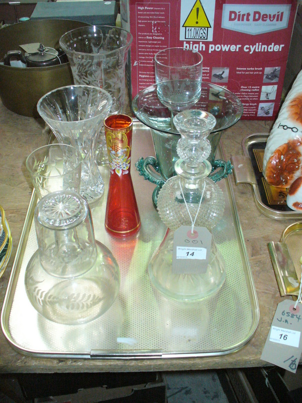 A Fern etched celery vase, a thistle shaped decanter, an etched water decanter and beaker,