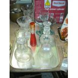 A Fern etched celery vase, a thistle shaped decanter, an etched water decanter and beaker,