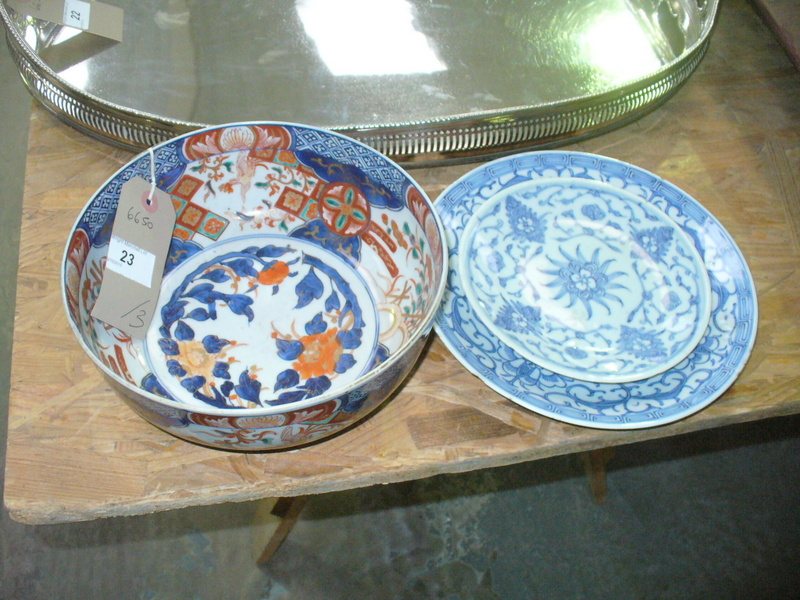 A Japanese Imari bowl and 2 Chinese blue and white plates.