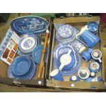 2 Boxes of blue and white wares including Torquay ware and willow pattern.