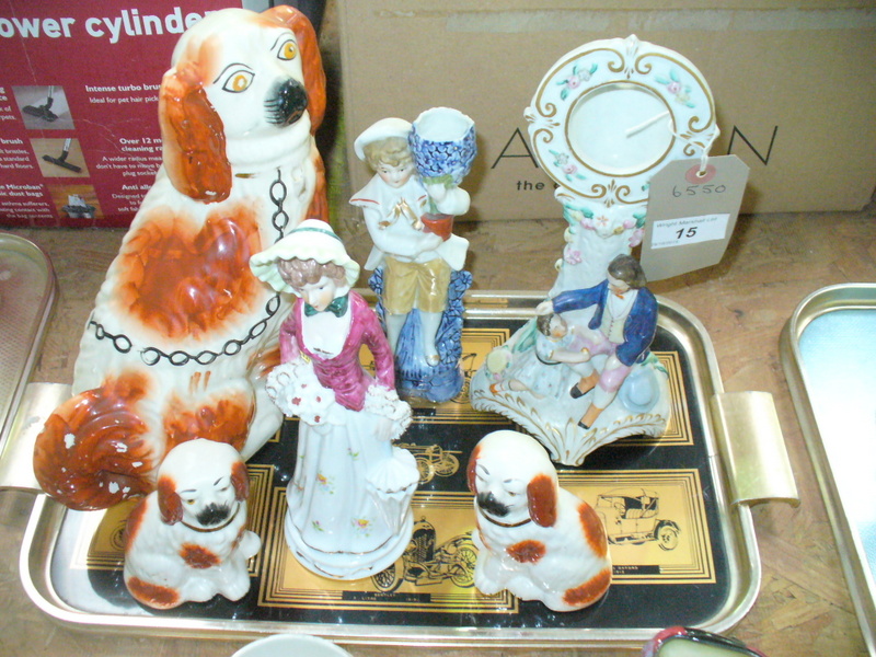 2 Small red and white Staffordshire spaniels, a large spaniel, 3 continental figures.