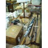 A Victorian parquetry box, cased binoculars, loose cutlery, pewter chamber stick, walking sticks,