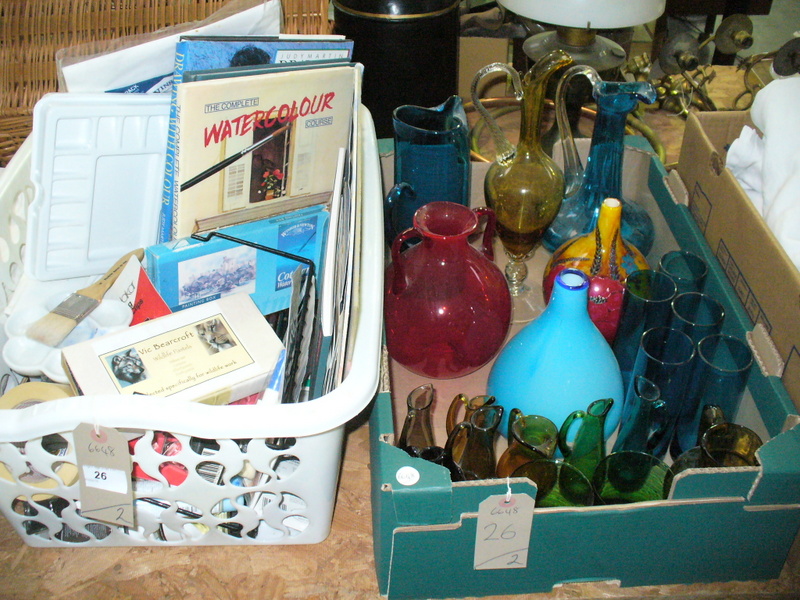 A Box of artists effects, reference books, pastels, etc and a box of coloured glass items,