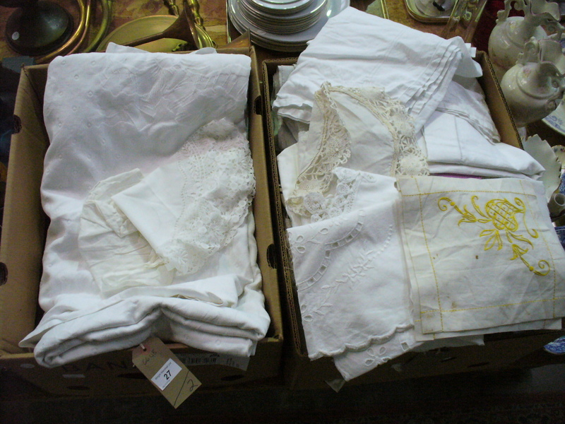2 Boxes of assorted vintage white linen, doilies, crocheted items, etc.