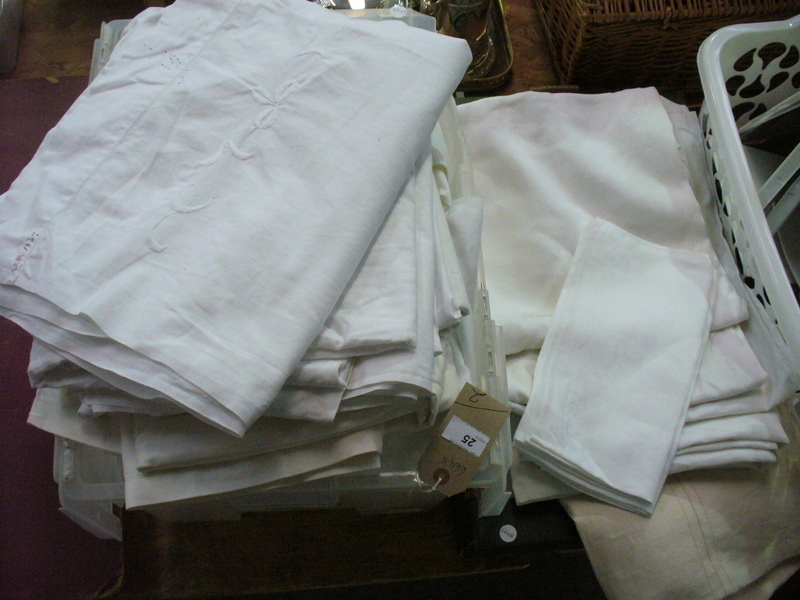 2 Boxes of vintage white table linen.