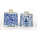 A pair of Chinese 18th Century export blue and white porcelain tea caddies Each of faceted square