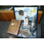 A Plated baluster shaped caster , eastern inlaid jewellery box, a white metal link purse , qty.