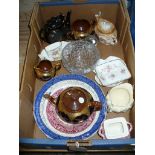 A Tray of decorative ceramics including a cut glass rose bowl,
