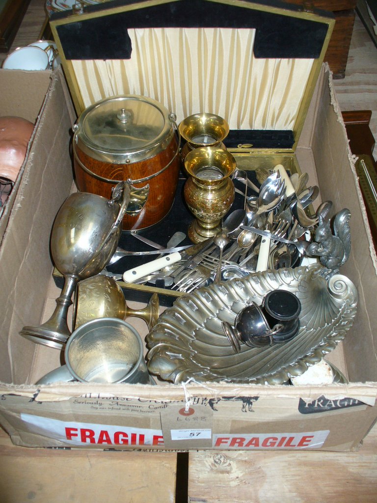 A Box of plated ware including a plate mounted oak biscuit barrel, assorted cutlery,