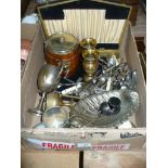 A Box of plated ware including a plate mounted oak biscuit barrel, assorted cutlery,