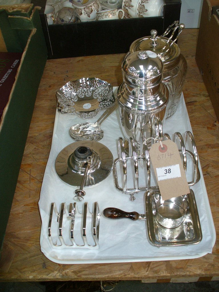 A Qty of plated ware , cocktail shaker, plated mounted glass biscuit barrel, open work dish,