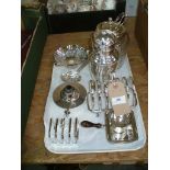 A Qty of plated ware , cocktail shaker, plated mounted glass biscuit barrel, open work dish,