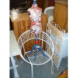 A Painted iron and wicker folding book shelf, 2 painted iron tub chairs and a tailors dummy.