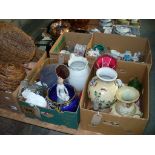 5 Boxes of sundry items including wicker baskets, table lamps, assorted ceramics, posy ornaments,