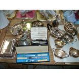 A Qty of plated ware including an oval 2 handled tray, ladle, sauce boat on 3 hoof feet,