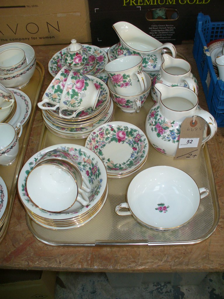 A Crown Staffordshire floral pattern tea service and dinner plates, Royal Grafton tea wares, etc.