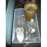 A Silver rimmed horn beaker,  a white metal slice, EPNS sifter spoon, perfume bottle,