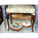 A 20th Century dressing stool on cabriole legs and 2 circular foot stools.