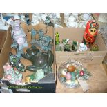 A Collection of frog figures including composition and metal examples, a collection of marble eggs,