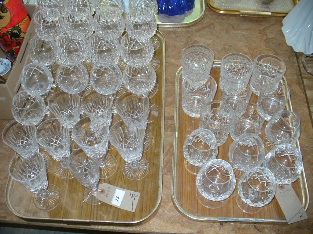 2 Trays of cut glass table glass ware including wines , tumblers and brandy balloons.