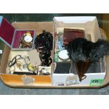 2 Boxes of sundry items including purses, tea bowls, bank notes and coinage, feather fan,