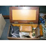 A Qty of sundry items to a hinged box,  including a leather purse, compacts, glass ring ,