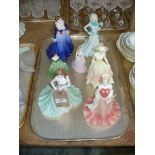 7 Coalport figurines including " Tender Thoughts " , " Anne " , " Jayne " , " Sue " and 3 others.