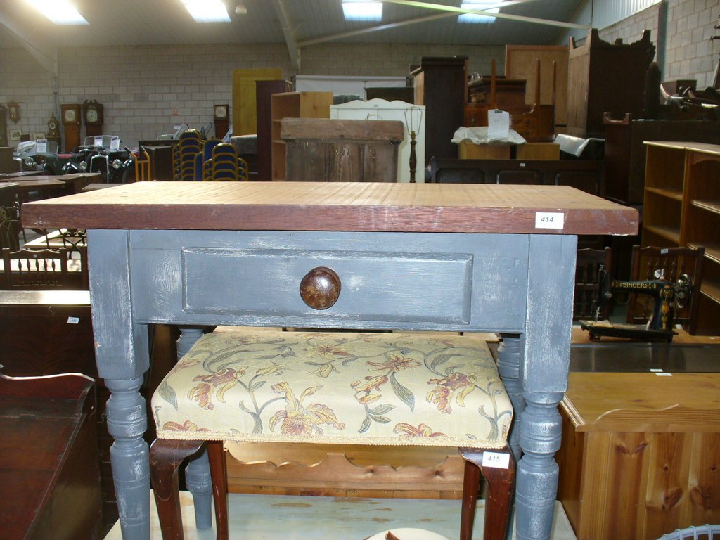 A Painted pine and hardwood rustic kitchen table with a single frieze drawer.