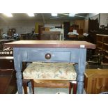A Painted pine and hardwood rustic kitchen table with a single frieze drawer.