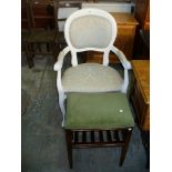 A White French style elbow chair and a Victorian piano stool with a spindle frieze.
