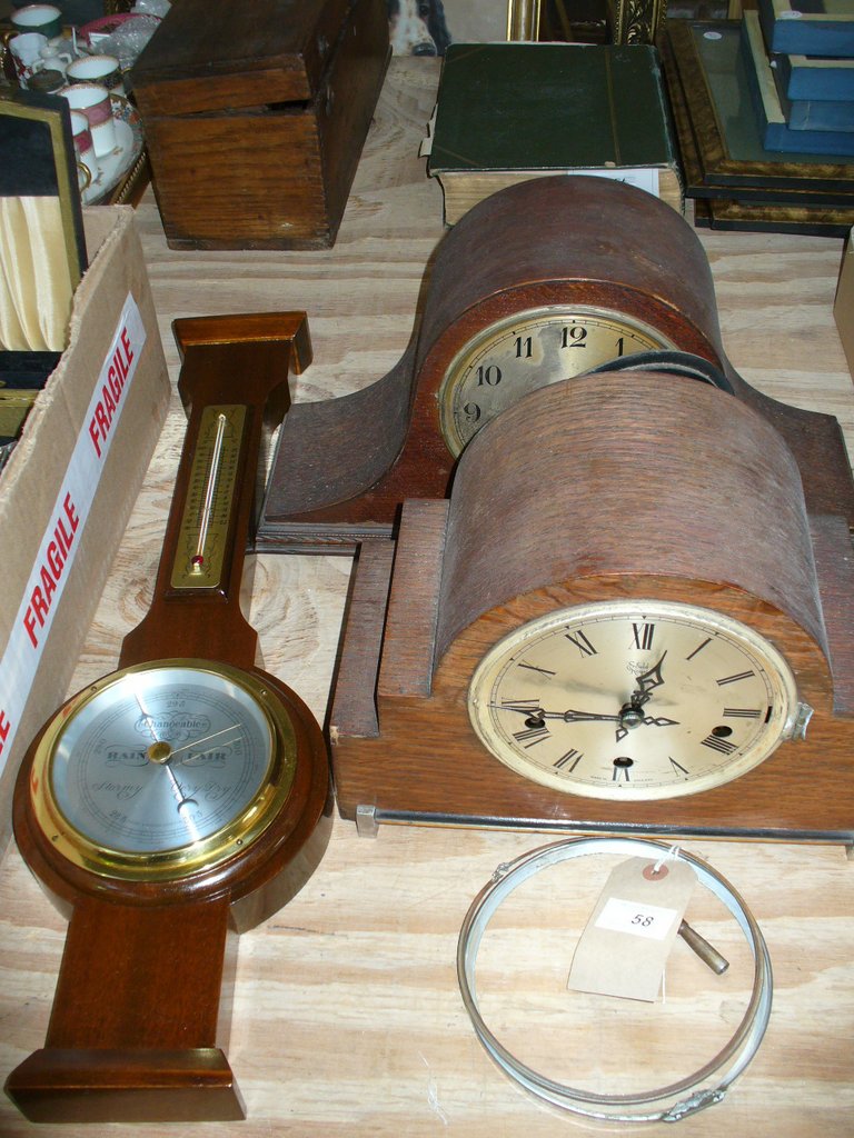 A Reproduction mahogany cased wall barometer , 2 oak cased mantel clocks.