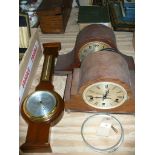 A Reproduction mahogany cased wall barometer , 2 oak cased mantel clocks.