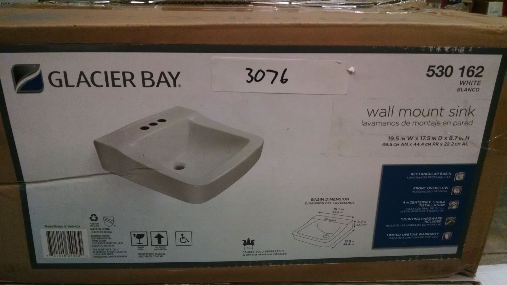 GLACIER BAY ARAGON WALL-MOUNTED WHITE BATHROOM SINK. RETAIL: $36 SKU: 530162 - Image 2 of 2