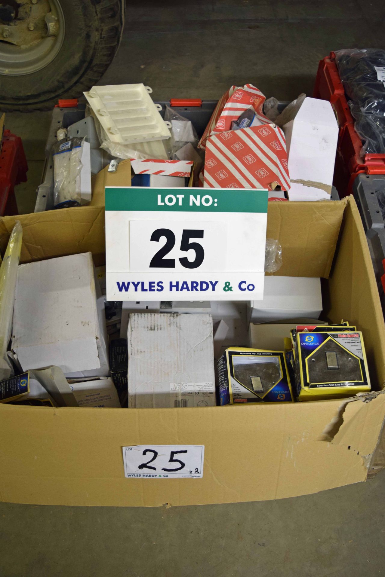 Two Tea Crates of Second Fix Electrical Components including MK Back Boxes, Facia Plates, 240V