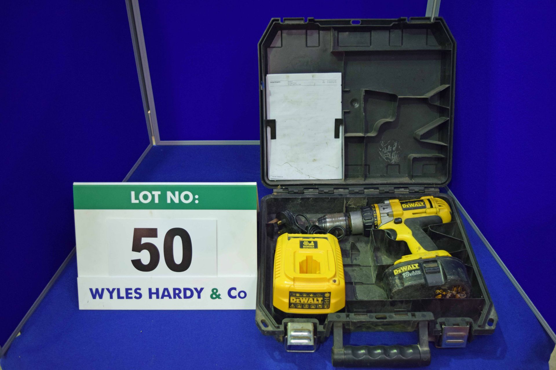 A DEWALT DC988 XRP 18V Cordless Hammer Drill with Battery Mains Charger & Blow Moulded Carry Case