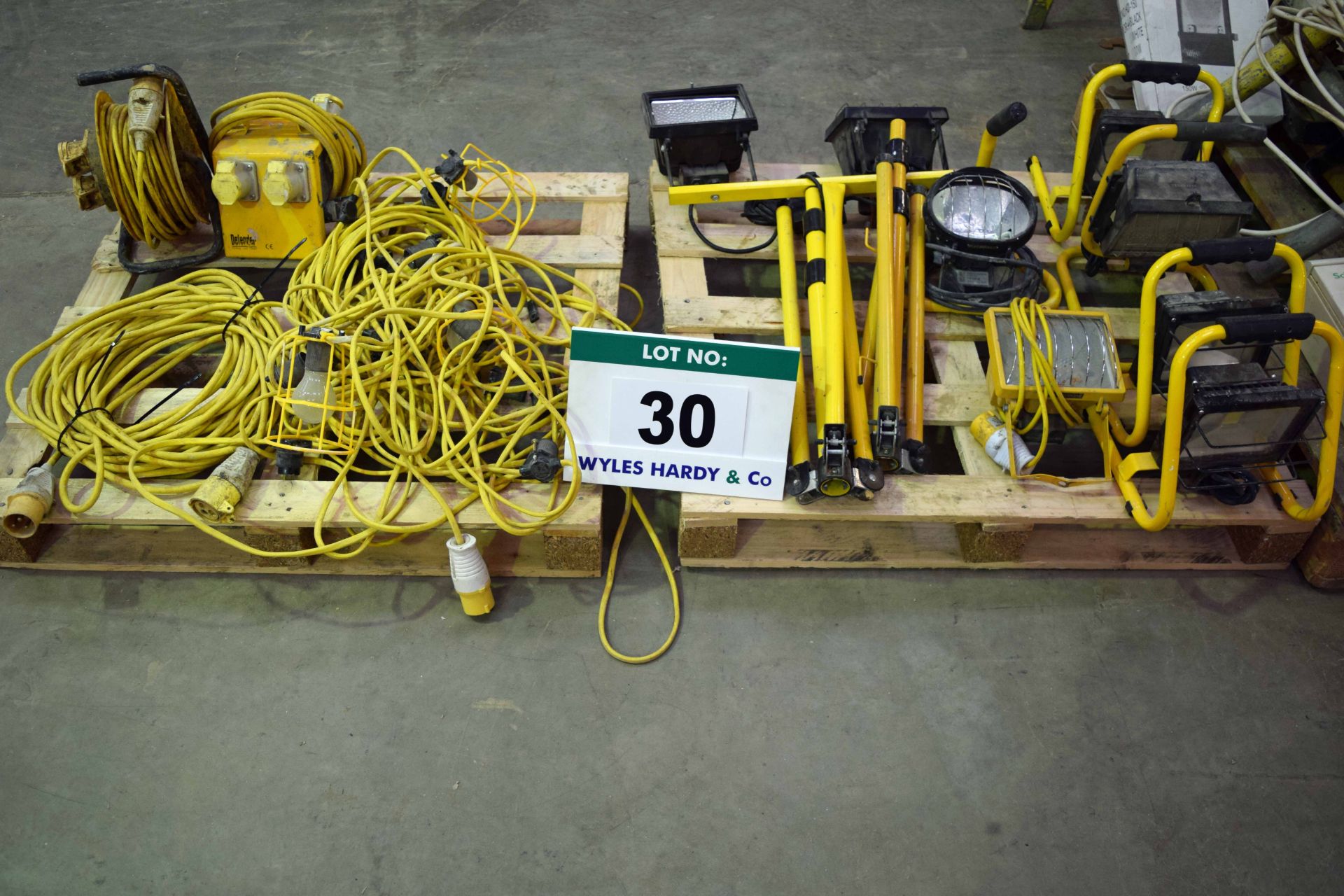 A Pallet of Site Lighting & Extension Leads including Four Portable Floor Lights, A Twin Head Tripod