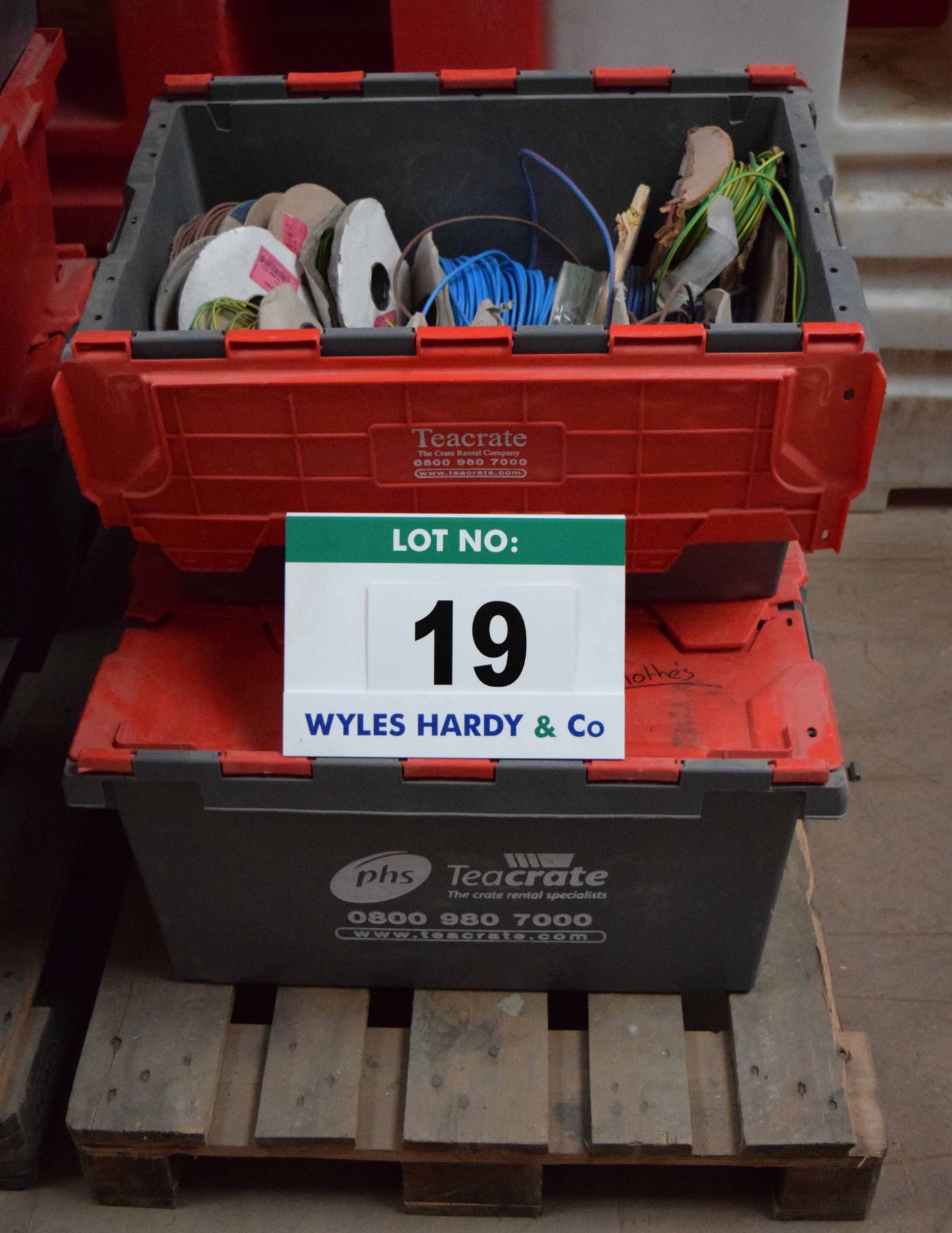 Three Tea Crates containing Assorted Reels of Electric Cables (As Photographed)