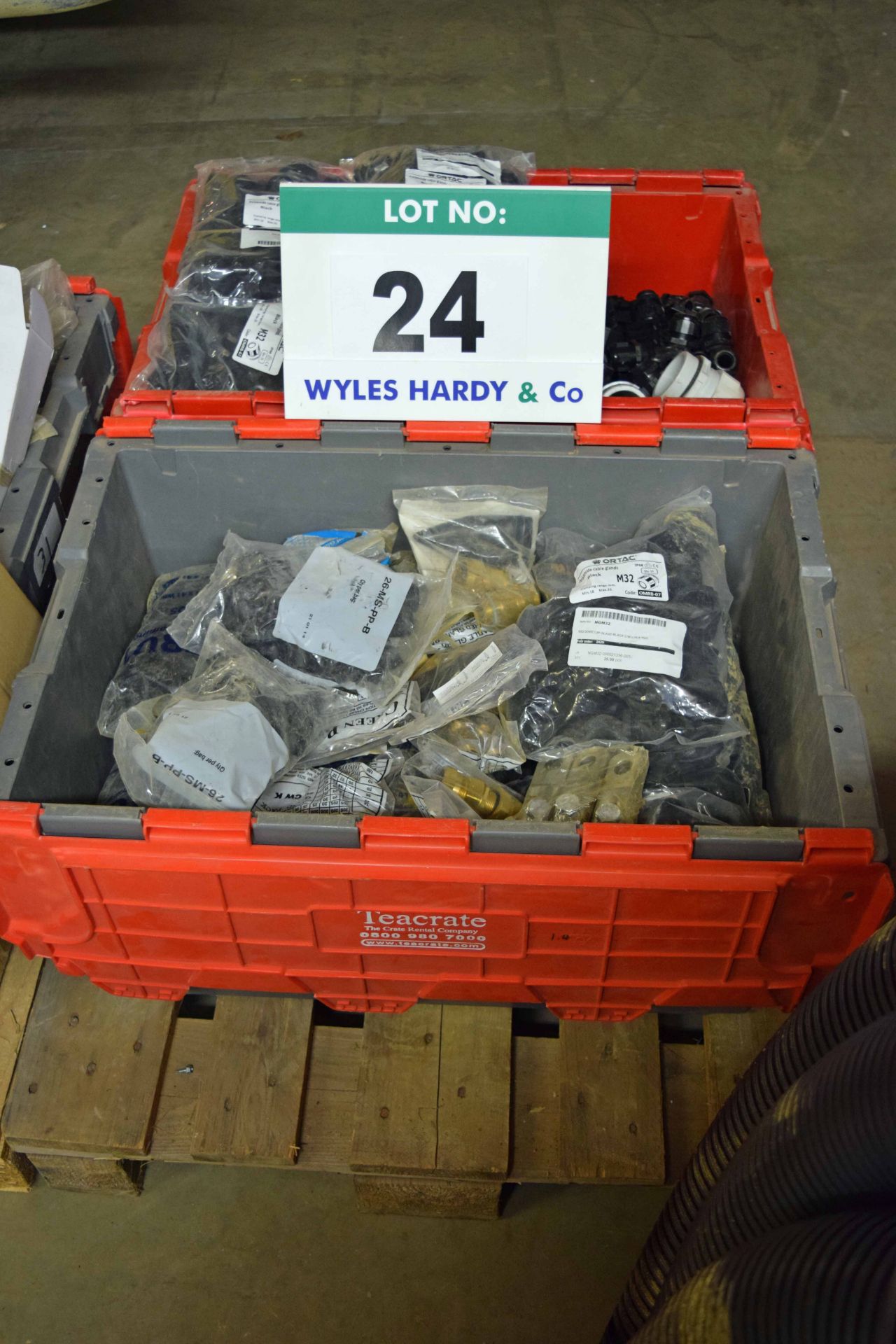 Two Tea Crates containing Unused Electrical Fittings including Electrical Glands, Couplings,