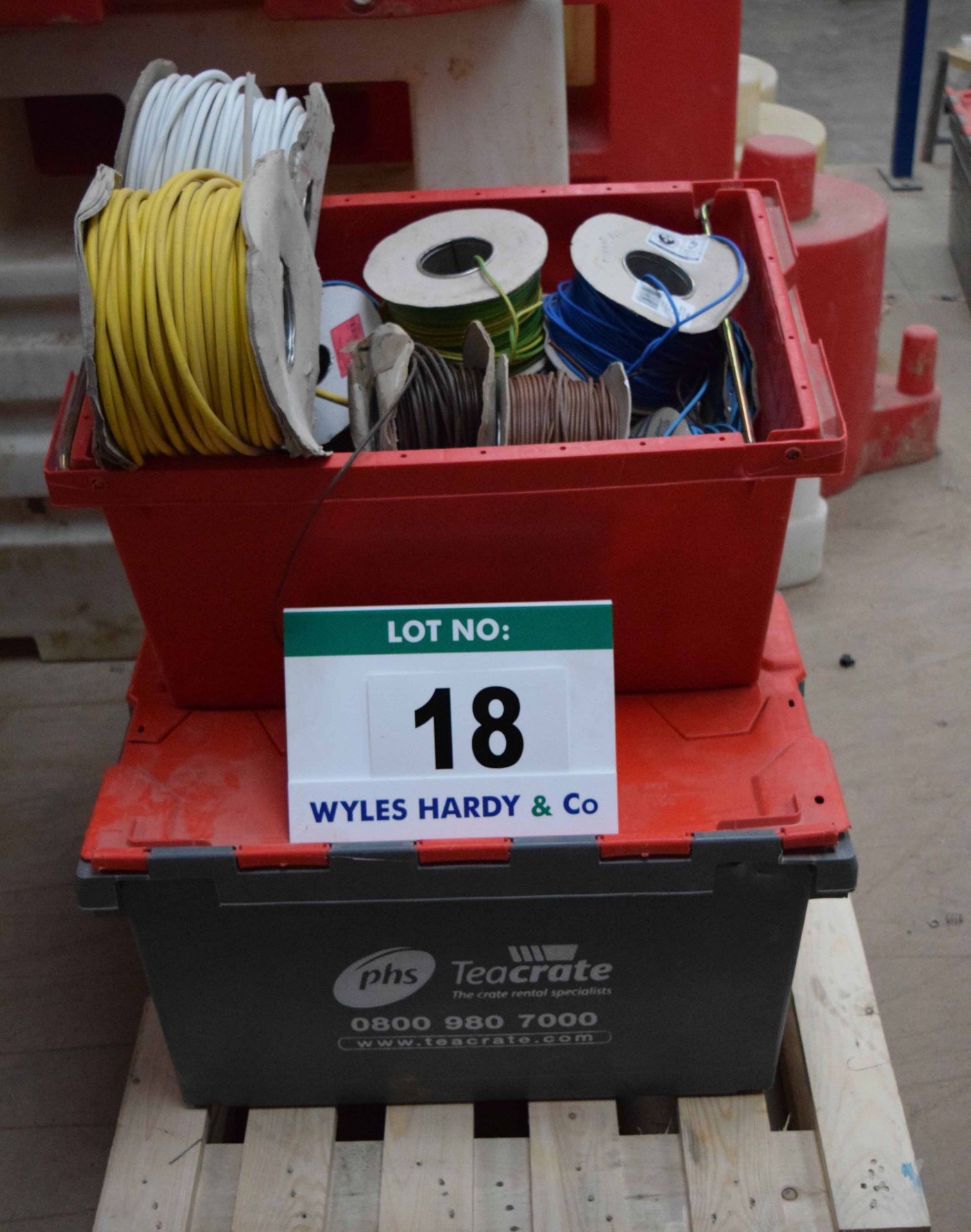 Three Tea Crates containing Assorted Reels of Electric Cables (As Photographed)