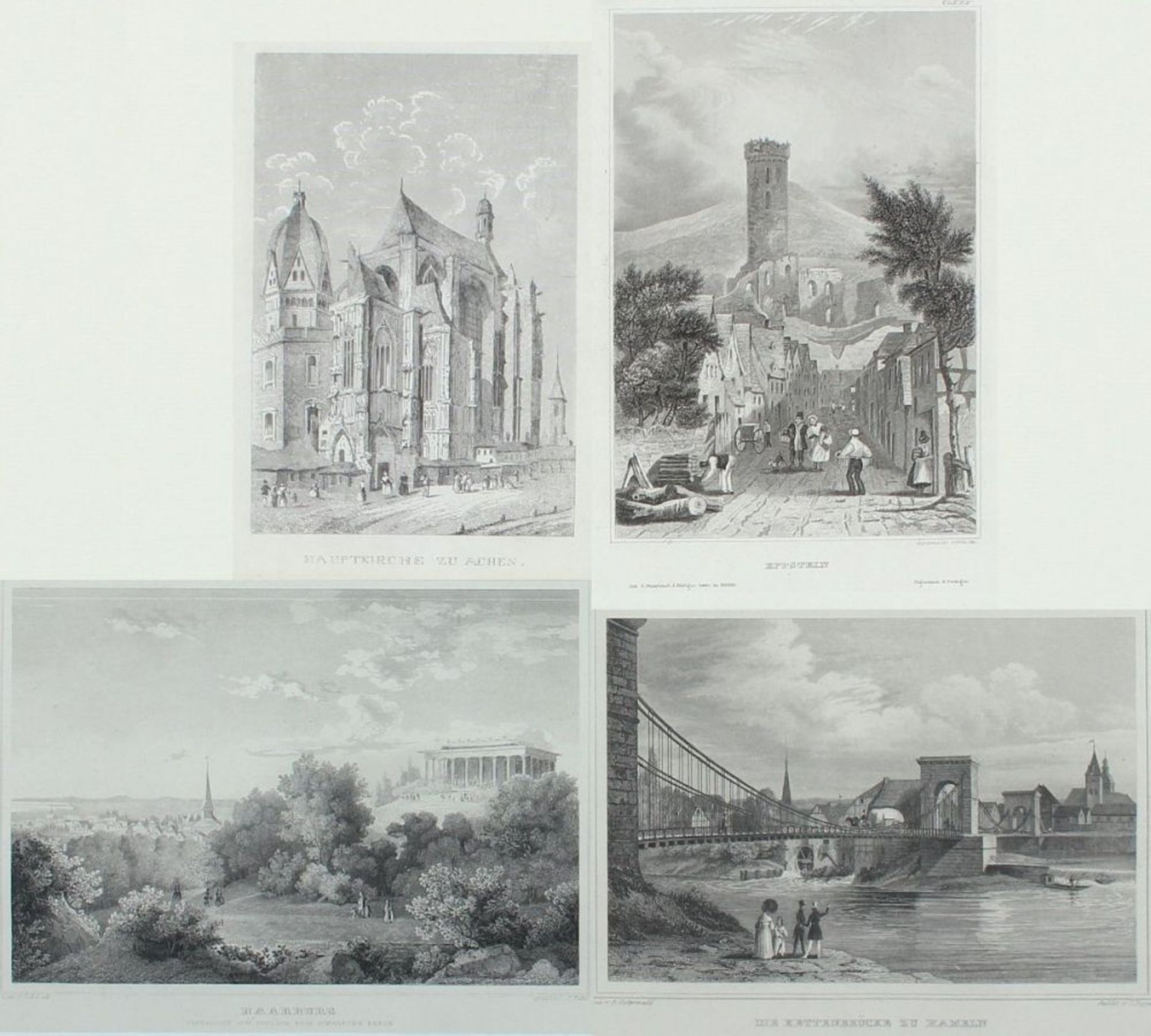 KONVOLUT VON 4 ANSICHTEN, "Hauptkirche zu Aachen", "Eppstein", "Haarburg", "Die Kettenbrücke zu