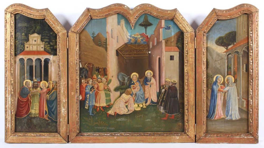 DIAZ CALZADA, Lorenzo (Spanien od. Mexiko A.20.Jh.), "Geburt Christi", Triptychon, Öl/Holz, 49 x 88,