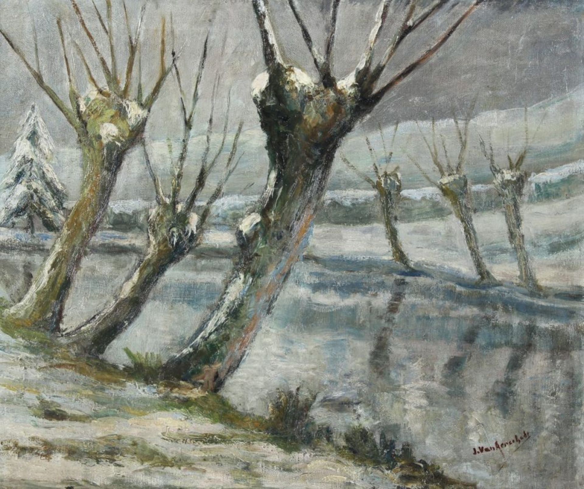 AERSCHODT, Jules van (Maler um 1930), "L'étang du Moulin Collet à Houdeng-Aimeries ", Öl/Lwd., 41