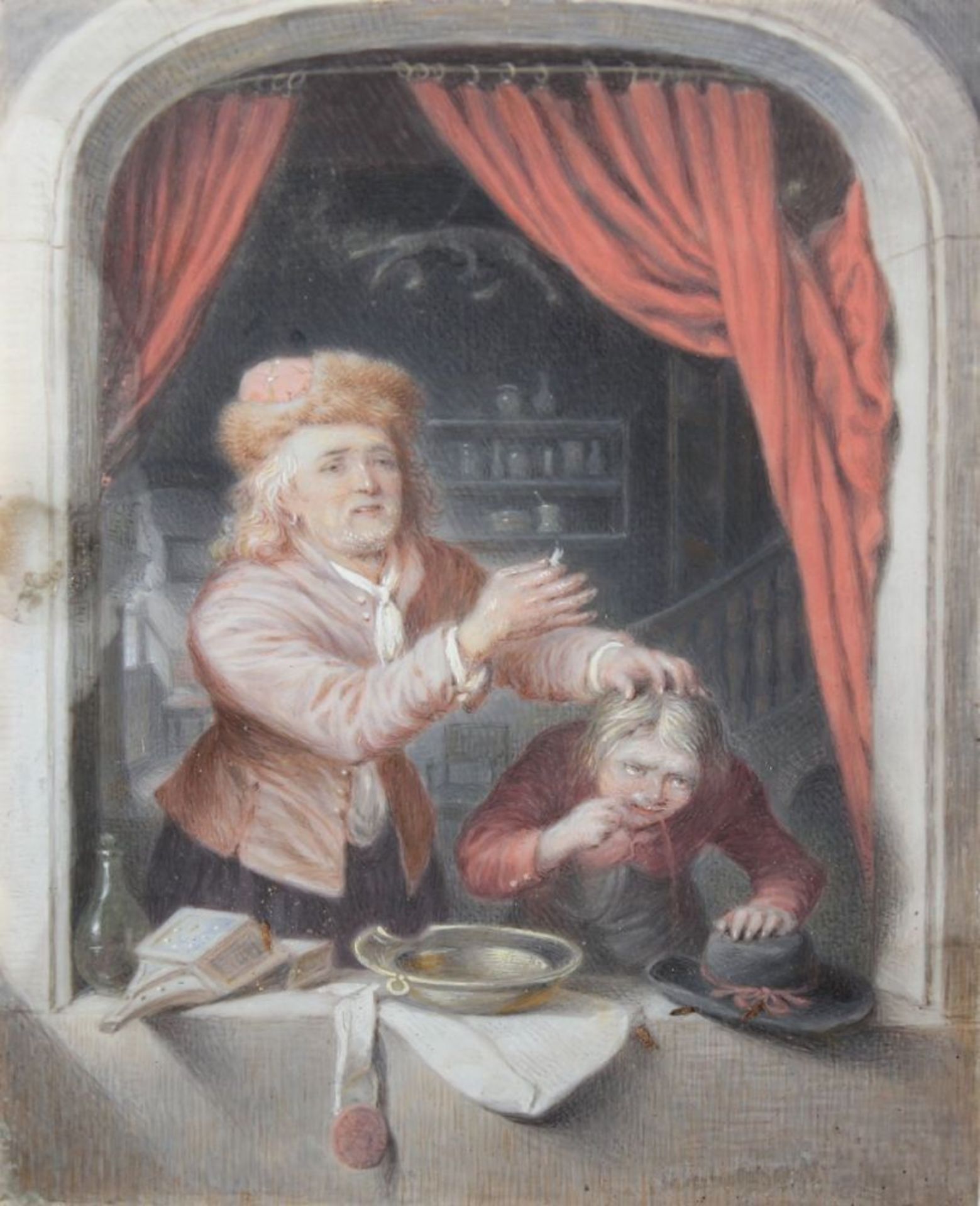 MINIATUR, "Beim Zahnarzt", feine Malerei (Lupenmalerei)/Elfenbein, D 5,8 x 4,7, verso auf einem - Image 2 of 3