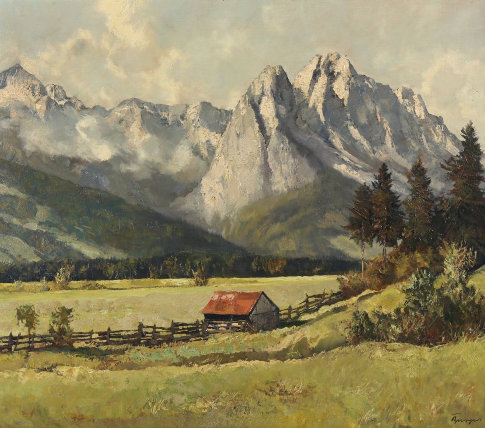BURGER, Josef (1887-1966), "Bei Garmisch mit Blick aus Alpspitze, Waxenstein und Zugspitze", Öl/