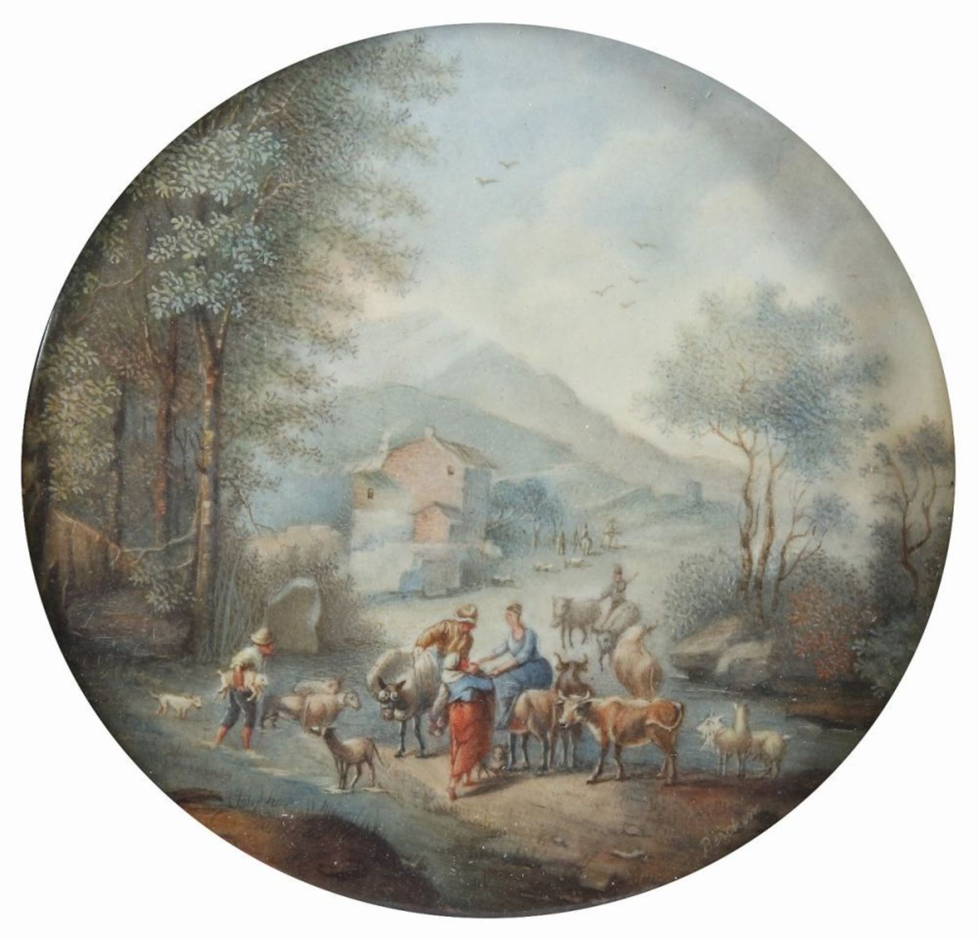 MINIATUR, "Landschaft mit Viehhirten", farbige Malerei/Papier, Dm 9, unten rechts bez. "Berchem",